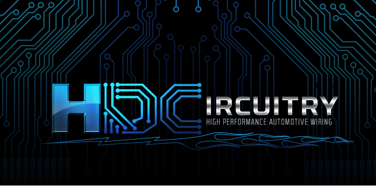 Circuit board design with 'HDCircuity' branding on a dark background